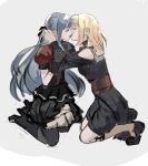  2girls absurdres bang_dream! bang_dream!_it&#039;s_mygo!!!!! black_corset black_dress black_gloves black_pantyhose black_skirt blonde_hair blue_hair commentary corset doloris_(bang_dream!) dress ginkgo_doodles gloves grey_background highres long_hair long_sleeves medium_hair misumi_uika multiple_girls oblivionis_(bang_dream!) pantyhose red_shirt shirt sidelocks simple_background skirt togawa_sakiko 
