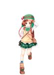  1girl bag binoculars boots bow bowtie brown_boots brown_eyes brown_hair cardigan full_body girlfriend_(kari) green_bow green_bowtie hand_up knit_hat legs official_art plaid_clothes plaid_skirt pleated_skirt qp:flapper salute school_uniform short_hair skirt socks solo thighs transparent_background yamano_kodama yellow_cardigan 