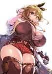  atelier_(series) atelier_ryza belt breasts brown_belt brown_eyes brown_gloves brown_hair gloves jewelry large_breasts leather leather_gloves manyuu_kaeru_tasuke_sansei necklace red_shorts reisalin_stout short_shorts shorts single_glove sleeveless sleeveless_jacket thick_thighs thighs white_headwear 