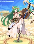  1girl absurdres ancient_greek_clothes armlet artist_name bare_shoulders belt breasts chain chiton circlet collarbone commentary dress forehead_jewel gold gold_chain greco-roman_clothes green_eyes green_hair highres holding holding_staff jewelry kid_icarus kid_icarus_uprising large_breasts laurel_crown long_hair multiple_belts neck_ring nipples paid_reward_available palutena parted_bangs patreon_logo pendant scrimblocrimbo side_slit single_thighhigh smile solo staff strapless strapless_dress thighhighs tiara vambraces very_long_hair white_dress white_thighhighs 