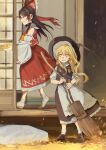  2girls absurdres apron ascot autumn_leaves black_shoes black_skirt black_vest blonde_hair bow braid broom brown_hair closed_eyes frills full_body hair_tubes hakurei_reimu hat highres holding holding_broom holding_tray kirisame_marisa leaf long_hair multiple_girls parted_lips red_bow red_shirt red_skirt shi_chimi shirt shoes short_sleeves skirt sleeveless sleeveless_shirt sliding_doors smile socks touhou tray vest white_shirt white_socks witch_hat yellow_ascot yellow_eyes 
