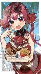  1girl ascot black_choker black_leotard breasts burger choker cropped_jacket eyewear_on_head food french_fries frilled_choker frills hair_ribbon heart heart-shaped_food heterochromia holding holding_burger holding_food hololive houshou_marine houshou_marine_(1st_costume) jacket kei_s01 large_breasts leotard leotard_under_clothes long_hair looking_at_viewer open_mouth red_ascot red_eyes red_hair red_jacket red_ribbon red_skirt ribbon skirt smile solo sunglasses twintails virtual_youtuber yellow_eyes 