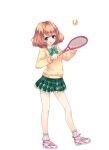  1girl ankle_socks ball blue_eyes bow bowtie brown_hair cardigan full_body girlfriend_(kari) green_bow green_bowtie holding legs looking_at_viewer miniskirt official_art ogura_megumi pink_shoes plaid_clothes plaid_skirt pleated_skirt qp:flapper racket school_uniform shoes short_hair skirt sneakers socks solo tennis_ball tennis_racket thighs transparent_background white_socks yellow_cardigan 