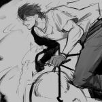  1boy absurdres bicycle black_hair clenched_teeth commentary english_commentary feet_out_of_frame gloves highres leaning_forward logicsterrr male_focus motion_lines original prosthesis prosthetic_arm riding riding_bicycle shirt short_hair solo t-shirt teeth wind 