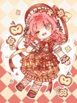  1girl apple argyle_background black_bow black_wrist_cuffs blue_eyes blunt_bangs blush_stickers bonnet bow bowtie brown_pupils capelet chibi chinese_commentary collared_shirt commentary_request commission double-parted_bangs dress dress_bow eyes_visible_through_hair food food-themed_clothes food-themed_hair_ornament food_print footwear_bow frilled_headwear frilled_shirt_collar frilled_sleeves frilled_socks frilled_wrist_cuffs frills fruit gradient_background hair_bow hair_ornament hat hat_bow head_tilt heart highres infinity_nikki kneehighs long_hair looking_at_viewer low_twintails mary_janes medium_dress messy_hair nikki_(nikki) nikki_(series) one_eye_closed open_mouth outline pinafore_dress pink_hair print_dress puffy_short_sleeves puffy_sleeves red_background red_bonnet red_bow red_bowtie red_capelet red_dress red_shoes ribbon-trimmed_sleeves ribbon_trim shiguangbulao277 shirt shoes short_sleeves short_twintails sleeveless sleeveless_dress smile socks solo striped_bow sweet_memories_(infinity_nikki) twintails two-tone_background white_outline white_shirt white_socks wrist_cuffs yellow_background 