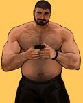  1boy beard big_belly black_pants chest_hair crew_cut dopey_(dopq) facial_hair hairy highres holding holding_phone looking_at_viewer male_focus muscular muscular_male navel one_eye_closed original pants phone solo topless_male watch wristwatch yellow_background 