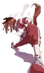  1girl absurdres animal_ears bob_(you-u-kai) breasts brown_hair ear_ornament highres horse_ears horse_girl horse_tail jacket long_sleeves medium_breasts multicolored_hair pants red_eyes red_jacket red_pants red_track_suit shoes short_hair simple_background solo stretching sweat tail tracen_training_uniform track_jacket track_pants track_suit transcend_(umamusume) umamusume white_hair 