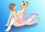  absurd_res anthro big_breasts blonde_hair blue_eyes breasts canid canine canis chowcapitic dragon duo female flower fur hair hi_res human hybrid jewelry male male/female mammal necklace nipples nude pink_body pink_fur plant roketchu tongue tongue_out wolf 