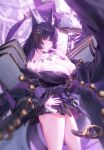  1girl animal_ear_fluff animal_ears azur_lane bare_shoulders beads black_hair black_kimono breasts cleavage collarbone cowboy_shot facial_mark finger_to_mouth fox_ears fur-trimmed_kimono fur_trim hair_ornament hand_on_hip highres japanese_clothes jewelry kimono large_breasts long_hair magatama magatama_necklace musashi_(azur_lane) necklace orange_eyes sansan_(dongfangzhong111) short_kimono tassel thighs 