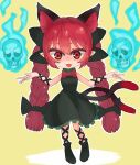  1girl :3 adapted_costume animal_ears bow braid cat_ears dress extra_ears green_dress hair_bow highres hitodama kaenbyou_rin ke-su nekomata pointy_ears red_eyes solo tail touhou twin_braids 