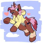  &lt;3 2022 accessory anthro atomic_cat bow_accessory bow_ribbon brown_body clothing cutie_mark ear_piercing equid equine fan_character furgonomics grey_body hair hasbro hi_res highlights_(coloring) hoodie horn horse leaping leg_warmers legwear male mammal my_little_pony piercing pink_hair pony ribbons signature simple_background solo tail_accessory tail_bow tail_ribbon topwear unicorn yellow_clothing yellow_hoodie yellow_topwear 