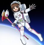  1girl astronaut brown_hair cardcaptor_sakura commentary_request fuuin_no_tsue green_eyes highres kinomoto_sakura korean_commentary looking_at_viewer magical_girl short_hair solo space space_helmet spacesuit spit_(takethestrain) wand 