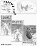  4:5 ambiguous_gender angry black_and_white claws comic comic_panel dialogue dragon duo english_text female feral forest hi_res horn leaf line_art monochrome nature nuree_art outside plant reevah_(nuree_art) scalie sketch speech_bubble spikes surprise text tree western_dragon wings 