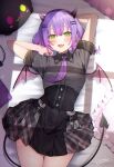  1girl :d bibi_(tokoyami_towa) black_shirt demon_horns demon_tail demon_wings gradient_hair green_eyes highres hololive horns izumi_kei lying multicolored_hair necktie on_back on_bed pillow pink_hair pleated_skirt purple_hair purple_necktie shirt signature skirt smile solo tail tokoyami_towa virtual_youtuber wings 