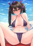  1girl absurdres alternate_costume bangs beach bikini blush bow breasts brown_eyes brown_hair closed_mouth commentary_request expressionless feet_out_of_frame hair_between_eyes hair_bow hat highres himekaidou_hatate ke-su large_breasts long_hair looking_at_viewer navel no_wings partially_visible_vulva pointy_ears purple_bikini purple_bow purple_headwear sand solo spread_legs swimsuit tokin_hat touhou twintails water 