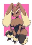  absurd_res anthro border breasts brown_body clothed clothing female generation_4_pokemon hi_res kneeling legwear looking_at_viewer lopunny nintendo pokemon pokemon_(species) red_eyes silvfco solo video_games white_border 