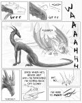  4:5 ambiguous_gender black_and_white claws comic comic_panel dialogue dragon duo english_text female feral forest hi_res horn leaf line_art monochrome nature nuree_art outside plant reevah_(nuree_art) scalie screaming sketch speech_bubble spikes surprise text tree western_dragon wings 