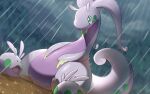  bright_pupils closed_mouth commentary_request goodra goomy green_eyes mud naoki_eguchi no_humans outdoors pokemon pokemon_(creature) rain sitting smile white_pupils 