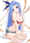  barefoot blue_eyes blue_hair bra breasts chaesu cleavage denim denim_shorts hair_ribbon hands_on_own_knees highres long_hair medium_breasts minah_(chaesu) navel no_shirt non-web_source original panties red_bra ribbon shorts strap_slip thighs underwear white_panties 