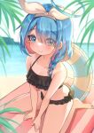  1girl absurdres arona_(blue_archive) bangs bare_shoulders bikini black_bikini blue_archive blue_eyes blue_hair blunt_bangs blush breasts closed_mouth collarbone feet full_body hair_over_one_eye hair_over_shoulder halterneck headband highres innertube legs long_hair looking_at_viewer multicolored_hair narurock8925 ocean outdoors pink_hair sitting small_breasts smile solo streaked_hair swimsuit wariza white_headband 