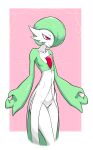  2020 3_fingers absurd_res alpha_channel anthro biped breasts cleavage clothed clothing featureless_crotch female fingers gardevoir generation_3_pokemon gesture green_body green_hair hair hi_res looking_down midriff narrowed_eyes nintendo ok_sign pink_background pokemon pokemon_(species) portrait pseudo_clothing red_eyes sayonara-jc simple_background small_breasts smile solo three-quarter_portrait three-quarter_view video_games white_body 