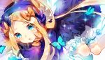  1girl :o abigail_williams_(fate) aqua_eyes black_bow black_butterfly black_dress black_headwear blonde_hair blue_butterfly bow bug butterfly dress fate/grand_order fate_(series) forehead frilled_dress frills hat long_hair looking_at_viewer open_mouth orange_bow polka_dot polka_dot_bow sa9no shiny shiny_hair solo sparkle thick_eyebrows 