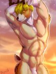  2022 3:4 anthro blonde_hair cervid dimonis genitals hair hi_res horn male mammal muscular muscular_anthro muscular_male nude penis simple_background smile solo sun 