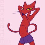  1:1 2022 anthro bottomwear boxers_(clothing) boxers_only bulge cartoon_network clothed clothing courage_the_cowardly_dog dark_nose digital_drawing_(artwork) digital_media_(artwork) digital_painting_(artwork) domestic_cat felid feline felis hands_behind_head hi_res katz_(courage_the_cowardly_dog) long_tail looking_at_viewer male mammal markings monotone_body mostly_nude panties panties_bulge pink_background pinup pose prick_ears pupils purple_bottomwear purple_clothing purple_nose red_body shaded signature simple_background simple_coloring simple_eyes simple_shading sketch sketchy skinny slit_pupils solo spread_legs spreading sweet.lemons underwear underwear_only whiskers yellow_eyes 