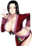  1girl black_hair blowing_kiss blue_eyes boa_hancock breasts collarbone earrings forehead hand_on_hip heart highres jewelry large_breasts leaning_forward long_hair looking_at_viewer midriff navel one_eye_closed one_piece parted_lips snake_earrings solo spoken_heart stomach straight_hair xter 