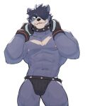 abs anthro biped bulge canid canine canis clothing collar fur grey_body grey_fur hair jrjresq male mammal marsh_(jrjresq) muscular muscular_anthro muscular_arms muscular_male nipples pecs pulling_shirt shirt smile solo spiked_collar spikes topwear wolf 