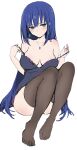  1girl babydoll bangs black_babydoll black_thighhighs blue_eyes blue_hair blush breasts cleavage closed_mouth earrings engage_kiss haoni highres jewelry large_breasts long_hair necklace off_shoulder simple_background sitting sketch solo thighhighs very_long_hair white_background yuugiri_ayano 