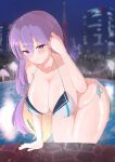  1girl bangs bent_over bikini blonde_hair blurry blurry_background blush breasts earrings gradient_hair hair_between_eyes highres hololive hololive_indonesia huge_breasts jewelry long_hair looking_at_viewer moona_hoshinova multicolored_hair pool purple_eyes purple_hair side-tie_bikini_bottom smile solo suica_koubou swimsuit thighhighs two-tone_hair virtual_youtuber wet 