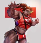  abs anthro brown_body brown_fur brown_hair bulge catoblepas_(tas) clothing eyewear fur glasses hair hi_res horn j1npop lifeguard lifewonders male midriff monster muscular muscular_anthro muscular_male pecs ponytail shirt solo speedo swimwear tank_top tokyo_afterschool_summoners topwear video_games 