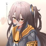 1girl absurdres bangs blush brown_hair closed_mouth commentary_request drawstring furrowed_brow girls&#039;_frontline gradient gradient_background grey_hoodie hair_between_eyes highres hood hood_down hoodie long_hair looking_at_viewer nanahosi45 pocky_in_mouth scar scar_across_eye shirt sidelocks solo ump45_(girls&#039;_frontline) upper_body white_shirt yellow_eyes 