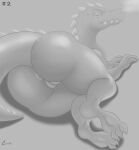 absurd_res angry_eyes angry_face anthro anus big_butt butt criterex dragon female feral hi_res looking_at_viewer lying_on_ground monochrome reptile scalie sketch smoke_from_nose solo spikes teeth_showing thick_thighs threatening 