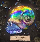  ammonite animal_focus artist_name black_background black_eyes blue_gemstone character_name commentary ekm english_text from_side full_body gem highres no_humans omanyte pokemon pokemon_(creature) rainbow_gradient shell solo sparkle 