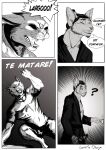  absurd_res anthro asian_clothing athletic athletic_anthro athletic_male black_nose clothing comic domestic_cat duo east_asian_clothing felid feline felis fight hi_res japanese_clothing jeancito93jean kimono male mammal samurai serval spanish_text text warrior 