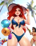  2girls blushyspicy breasts cat cleavage commentary day earrings hat highres holding holding_water_gun hoop_earrings jewelry large_breasts league_of_legends long_hair looking_at_viewer miss_fortune_(league_of_legends) multiple_girls navel outdoors pool_party_(league_of_legends) pool_party_miss_fortune red_hair samira solo_focus swimsuit water_gun yuumi_(league_of_legends) 
