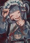  1girl :d backpack bag bangs blood bow closed_eyes crazy facing_viewer fangs grey_bow hair_bow hairband hands_up highres holding holding_weapon knife long_sleeves nail_polish original shiny shiny_hair smile teeth tira_27 tongue twintails upper_teeth weapon 