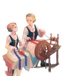  2girls absurdres apron blonde_hair blue_dress blue_vest brown_hair closed_eyes dress gift_art highres multiple_girls original parted_lips polilla simple_background sitting smile spinning_wheel tagme traditional_clothes vest weaving white_apron white_background 