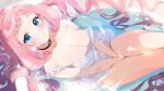  1girl between_legs blue_eyes breasts choker cleavage closed_mouth djheycha dress hand_between_legs highres long_hair looking_at_viewer medium_breasts original partially_submerged pink_hair smile solo water white_dress 