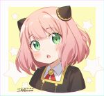  1girl :o anya_(spy_x_family) bangs blush border child collared_shirt commentary_request cropped_torso dated flat_chest green_eyes hairpods ika_(4801055) looking_at_viewer medium_hair open_mouth pink_hair red_ribbon ribbon shirt solo spy_x_family star_(symbol) twitter_username white_border white_shirt yellow_background 
