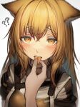  1girl ? ?? absurdres animal_ears arknights blonde_hair blush ceobe_(arknights) commentary_request dog_ears dog_girl gradient gradient_background grey_background hair_between_eyes highres long_hair looking_at_viewer solo_focus tab_head teeth tongue tongue_out upper_body upper_teeth yellow_eyes 