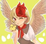  1girl animal bangs bird bird_wings blonde_hair brown_dress chick commentary_request dress feathered_wings flat_chest highres holding holding_animal holding_bird ke-su looking_at_viewer multicolored_hair neckerchief niwatari_kutaka one_eye_closed open_mouth puffy_short_sleeves puffy_sleeves red_eyes red_hair red_neckerchief shirt short_hair short_sleeves solo touhou two-tone_hair upper_body white_shirt wings yellow_wings 
