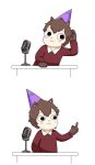  5_fingers anthro blush blush_stickers brown_body brown_fur brown_hair cartoon_network clothing desk doosim eulipotyphlan female fingers fur furniture gesture hair hat headgear headwear hedgehog hedgehog_(sci) hi_res listening mammal meme microphone middle_finger multicolored_body multicolored_fur party_hat pink_inner_ear pink_nose red_clothing red_sweater red_topwear short_hair simple_background smile summer_camp_island sweater table tan_body tan_fur topwear white_background young 