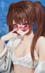  1girl bare_shoulders breasts brown_hair coat fur-trimmed_coat fur-trimmed_jacket fur_trim heart heart-shaped_pupils highres jacket llttyyyuu long_hair looking_over_eyewear original small_breasts smile solo sunglasses symbol-shaped_pupils upper_body 