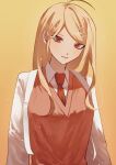  1girl absurdres akamatsu_kaede bangs blonde_hair breasts brown_eyes brown_sweater_vest closed_mouth collared_shirt danganronpa_(series) danganronpa_v3:_killing_harmony hair_behind_ear hair_ornament highres large_breasts long_hair long_sleeves musical_note musical_note_hair_ornament oji-sama_(ochi4t) orange_background shirt simple_background solo sweater_vest upper_body white_shirt 