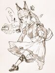  1girl :d alternate_costume animal_ears braid cat_ears dress enmaided fang juliet_sleeves kaenbyou_rin long_sleeves maid menotama monochrome open_mouth puffy_sleeves shoes smile solo touhou traditional_media twin_braids 