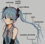  1girl aqua_hair bangs blue_eyes breasts cell_(biology) closed_mouth collared_shirt detached_sleeves english_commentary english_text frown grey_background grey_shirt hatsune_miku head_tilt io_(onisarashi) long_hair looking_at_viewer necktie ringed_eyes shirt simple_background sleeveless sleeveless_shirt small_breasts solo twintails upper_body vocaloid 