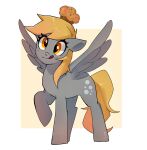  blonde_hair choco_hosikawa cutie_mark derpy_hooves_(mlp) digital_media_(artwork) equid equine eyelashes feathered_wings feathers female feral food friendship_is_magic grey_body grey_feathers hair hasbro hi_res hooves licking licking_lips mammal muffin my_little_pony pegasus raised_hoof simple_background smile solo tongue tongue_out white_background wings yellow_eyes yellow_tail 